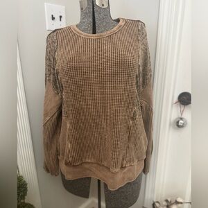 Hailey & Co Waffle Knit Brown and Leopard Knit Top Medium